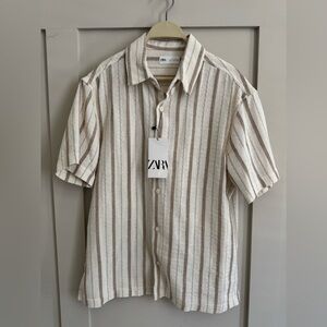 Zara NWT Men's Cream and Brown Casual Button Down Shirt Size Large